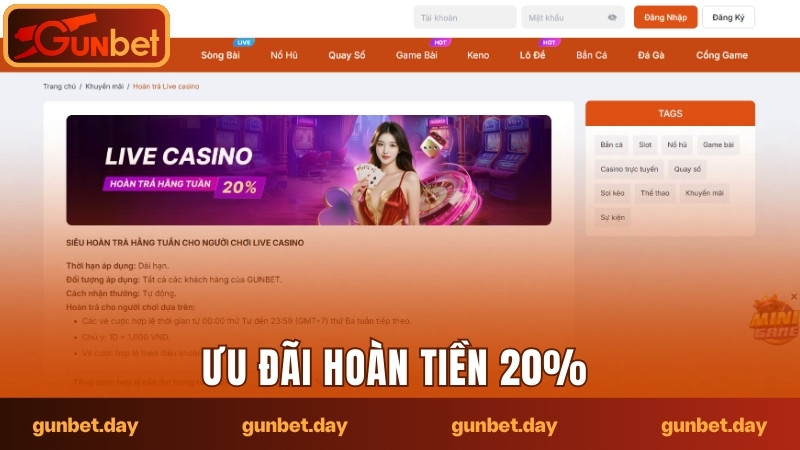 Ưu đãi hoàn tiền 20% tại Sòng bài trực tuyến